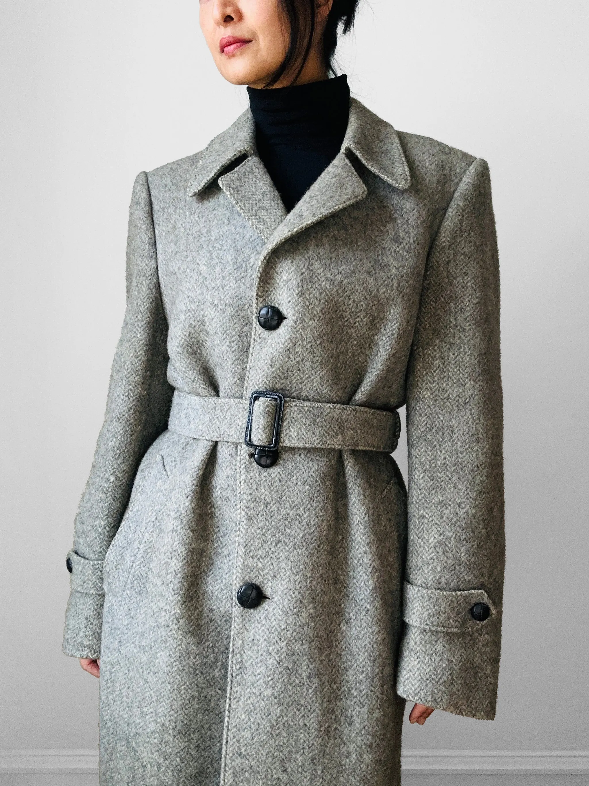 1970s Grey Wool Tweed Belted Overcoat - Sz. S/M