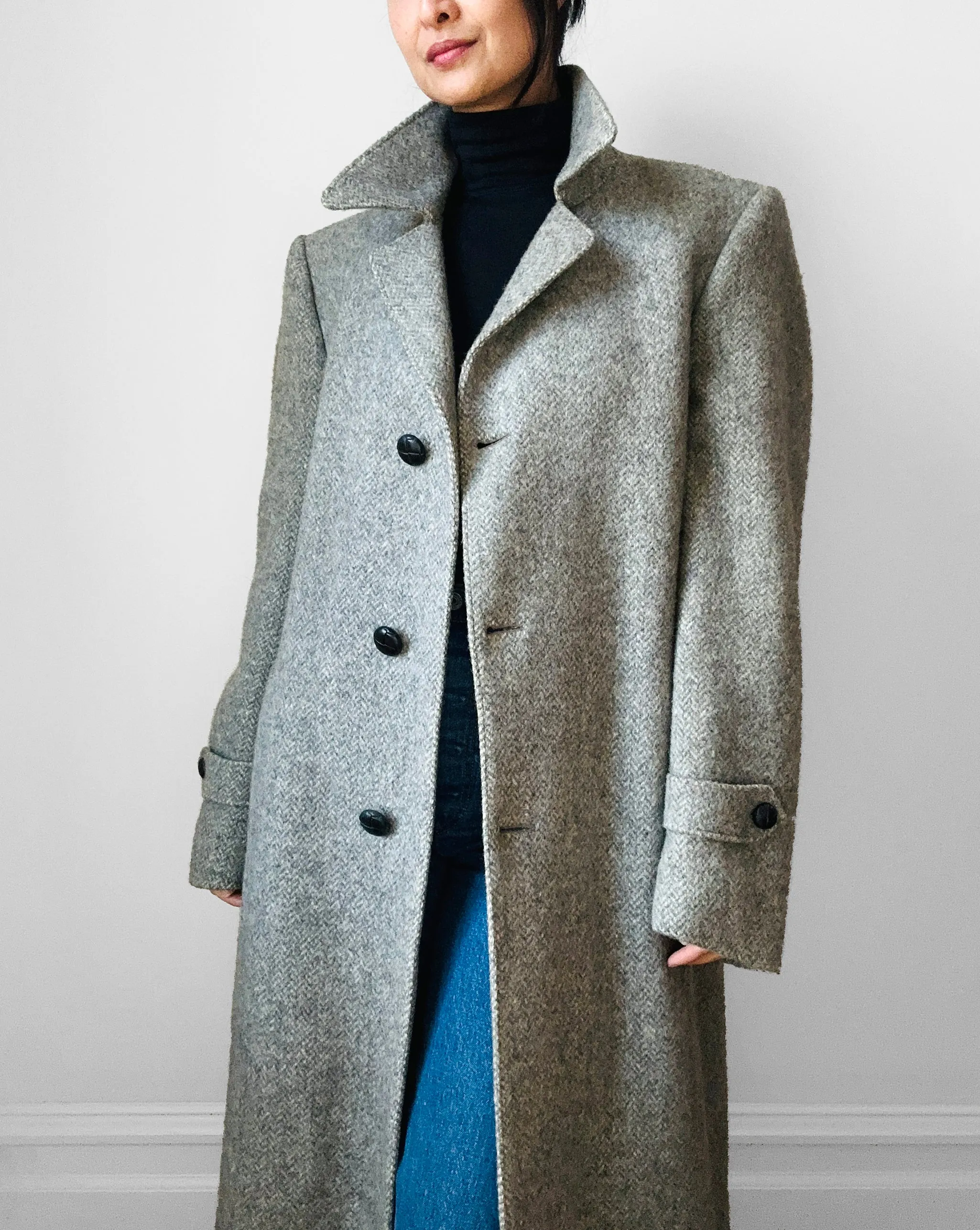 1970s Grey Wool Tweed Belted Overcoat - Sz. S/M