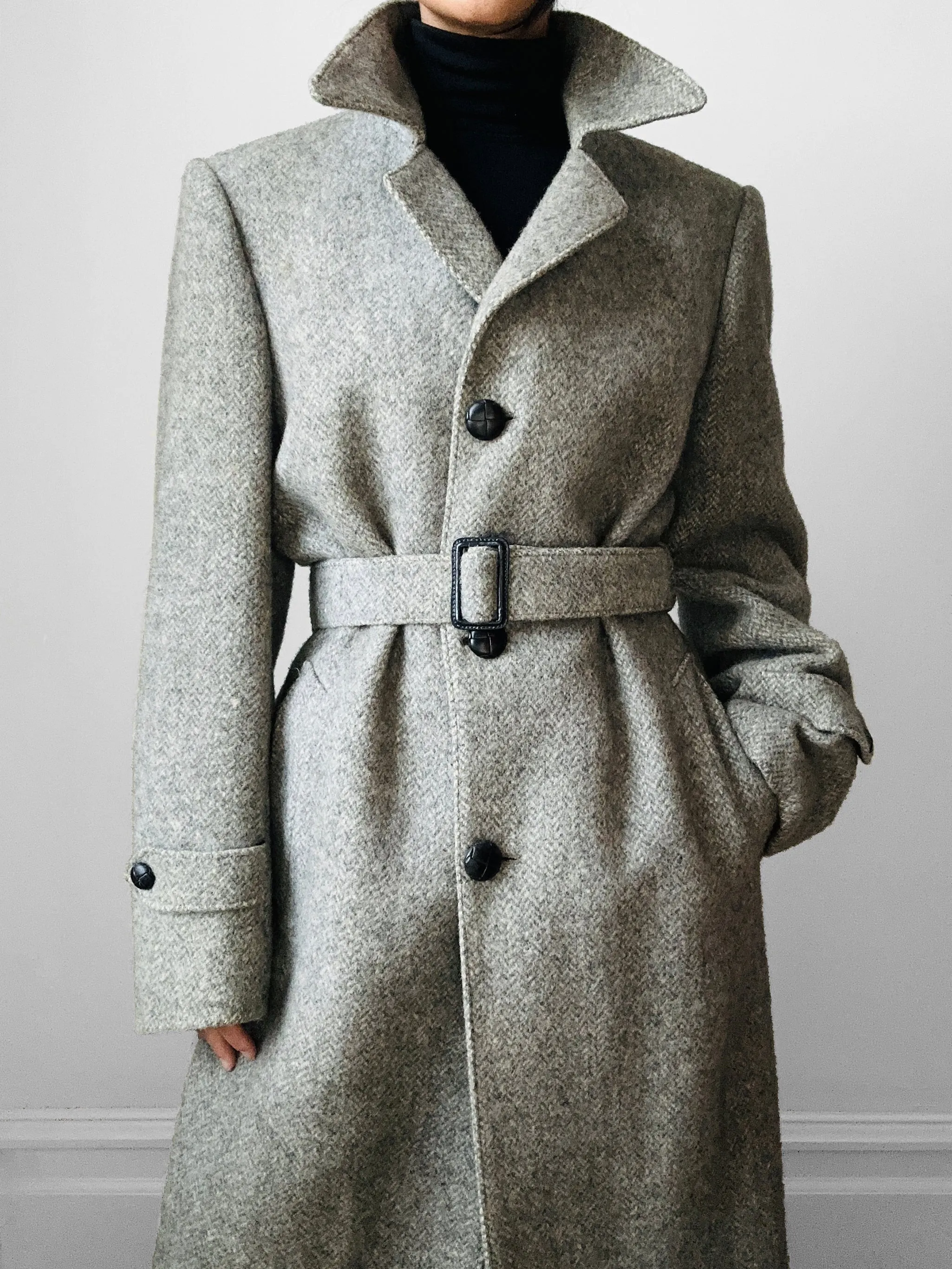 1970s Grey Wool Tweed Belted Overcoat - Sz. S/M