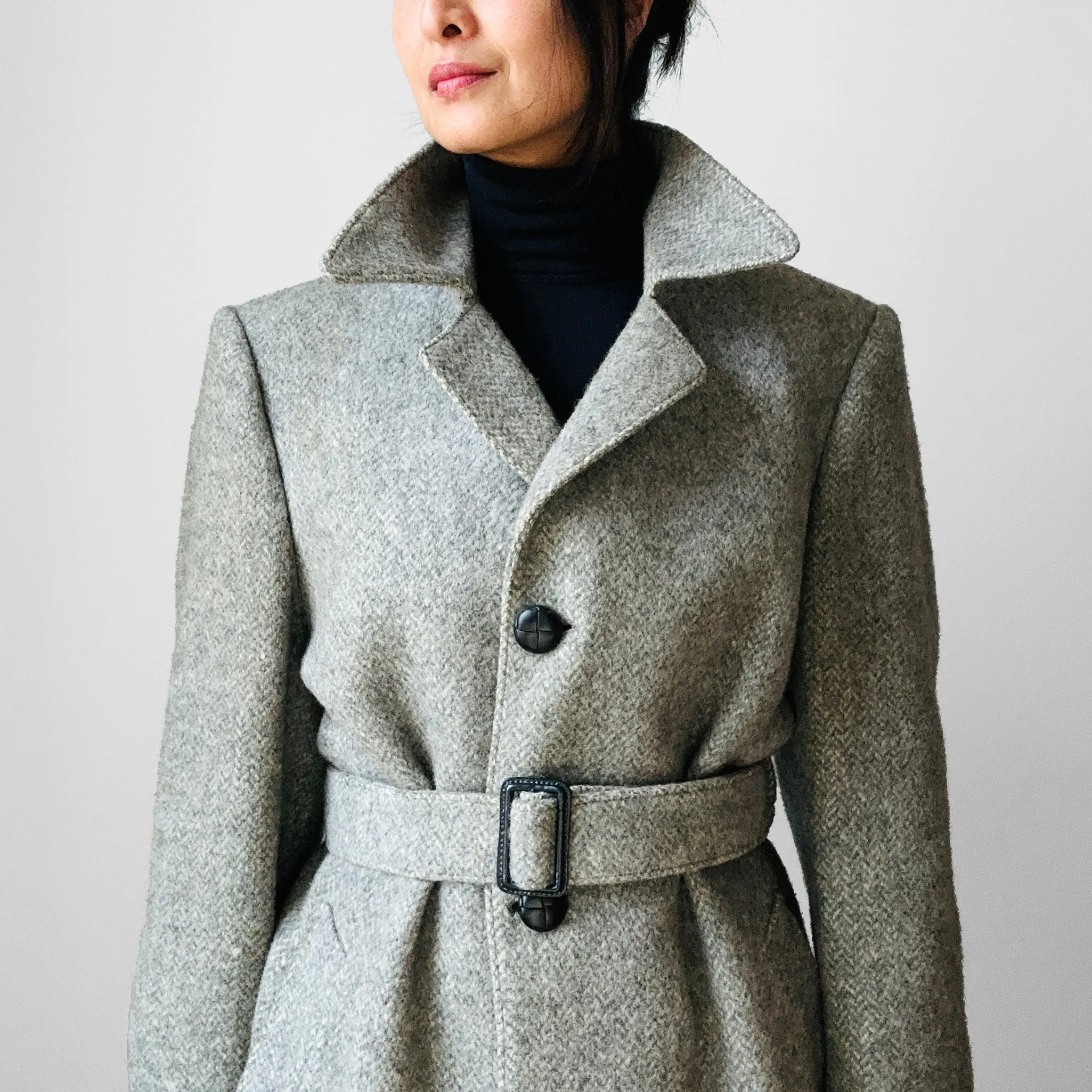 1970s Grey Wool Tweed Belted Overcoat - Sz. S/M