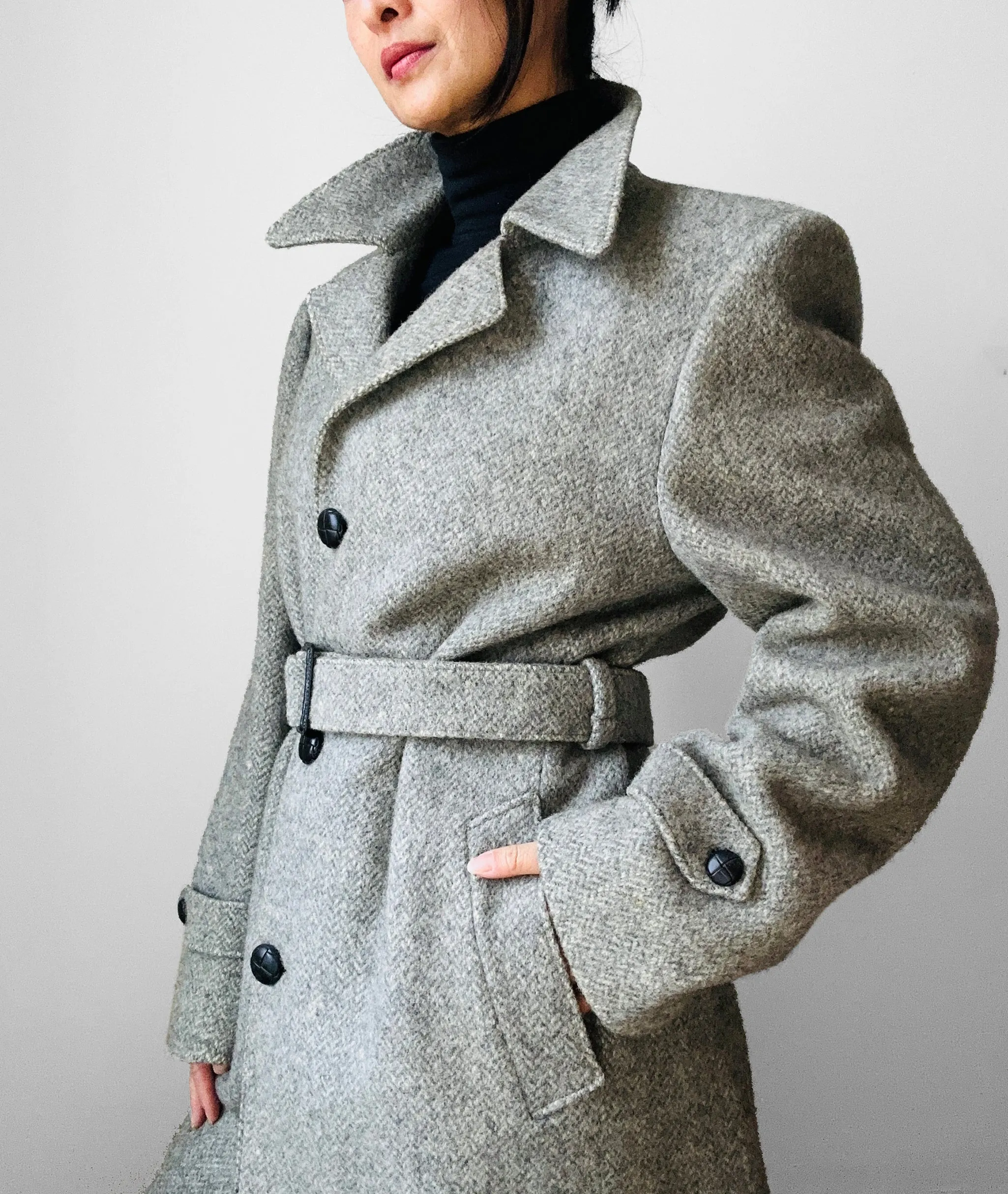 1970s Grey Wool Tweed Belted Overcoat - Sz. S/M