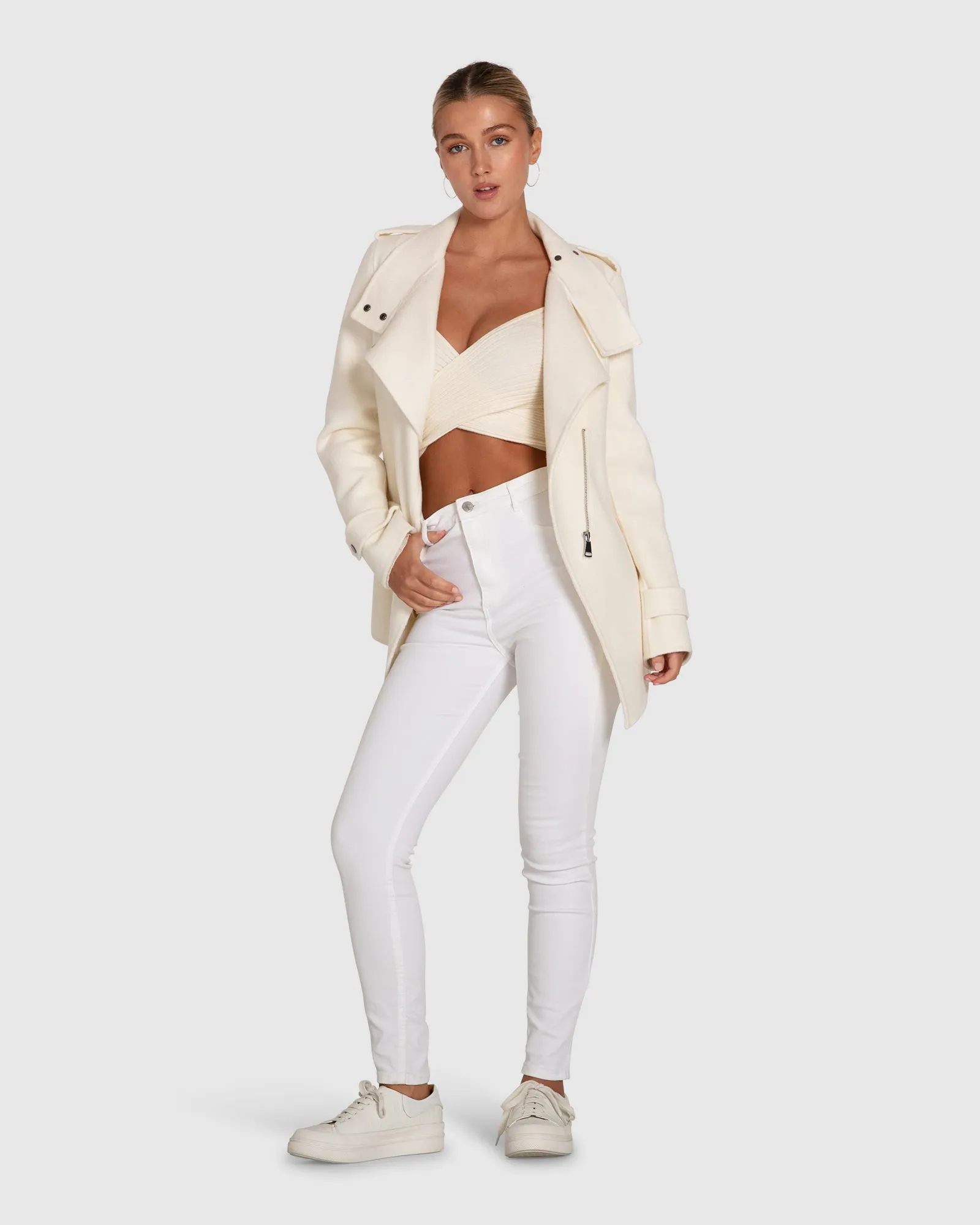 Bad Girl Wool Blend Moto Coat - Cream