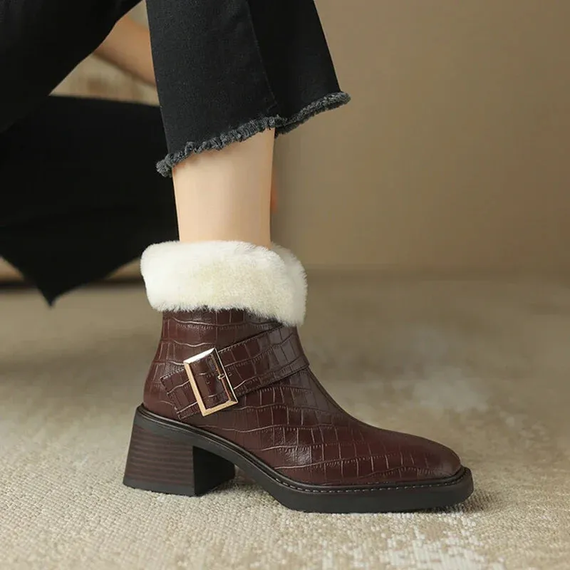 binfenxie NEW Winter Women Boots Round Toe Chunky Heel Ankle Boots Split Leather Shoes for Women Warm Wool Boots Women Platform Snow Boots