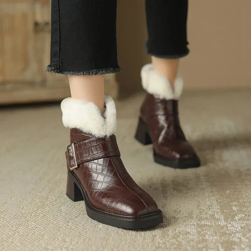 binfenxie NEW Winter Women Boots Round Toe Chunky Heel Ankle Boots Split Leather Shoes for Women Warm Wool Boots Women Platform Snow Boots