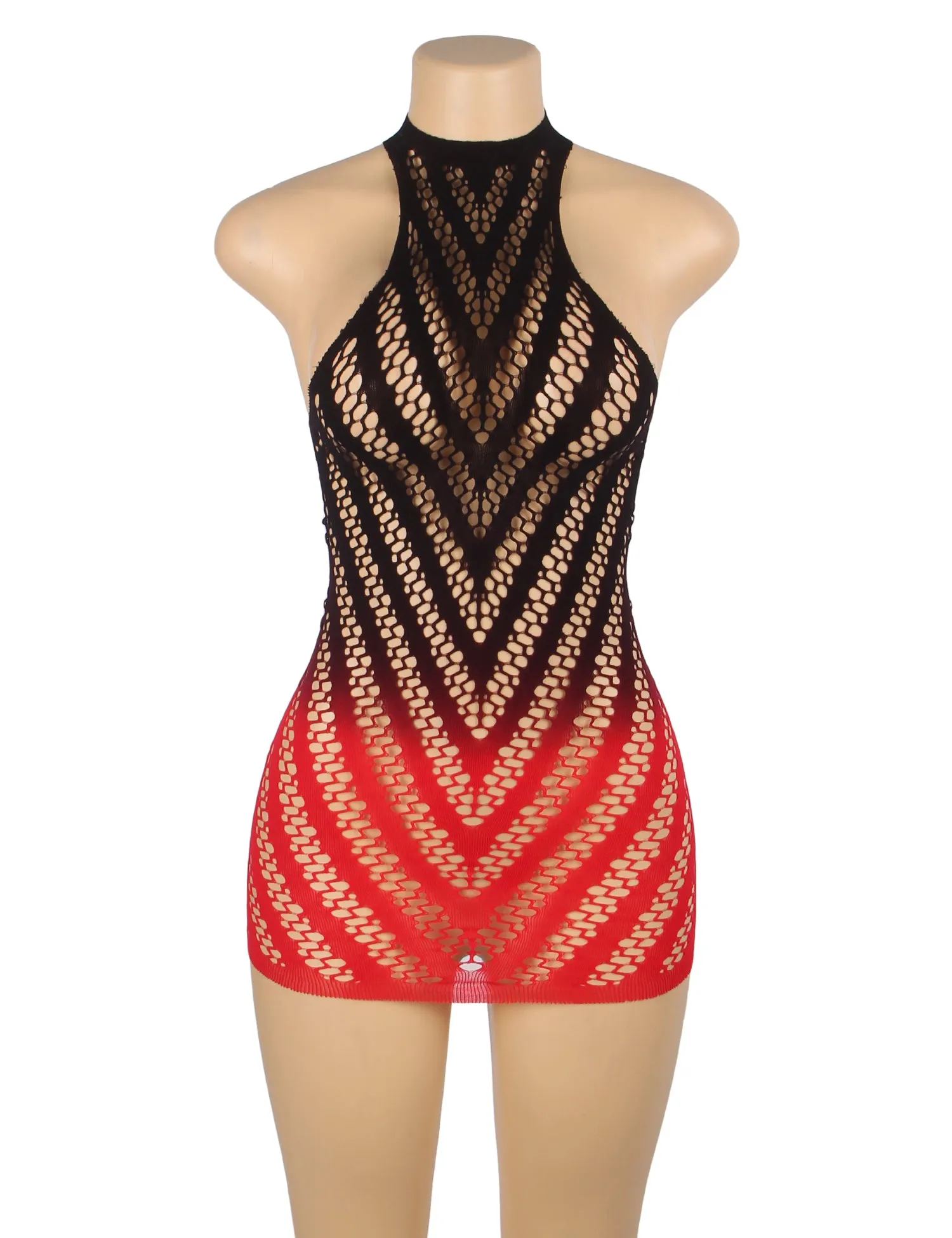 Black And Red Two-Color Gradient Stretchy Fishnet Bodystocking