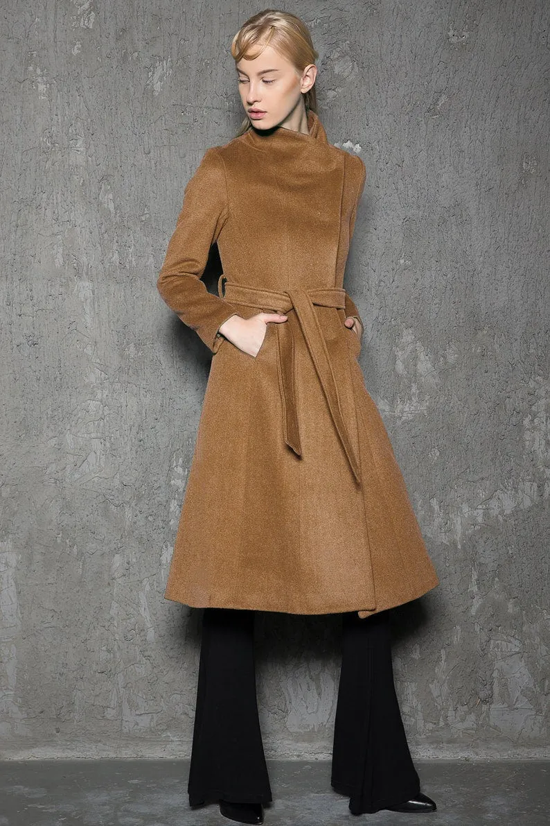 black hooded winter long wool coat C706