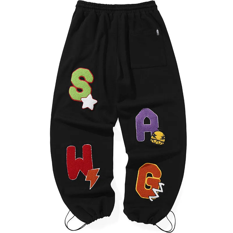 Black Minimalist Letter Embroidery Pants