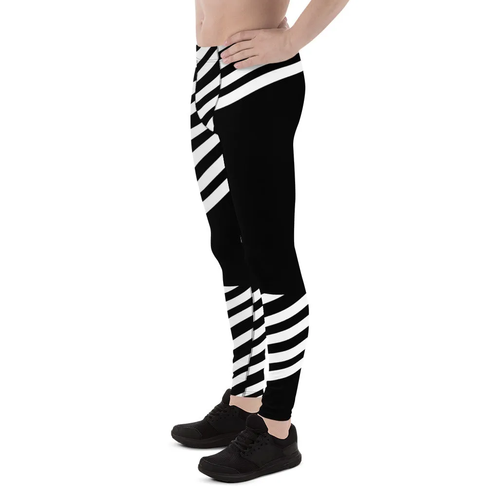 Black Striped Designer Meggings, Best Men's Leggings, Designer Minimalist Black White Modern Meggings-Made in USA/EU/MX