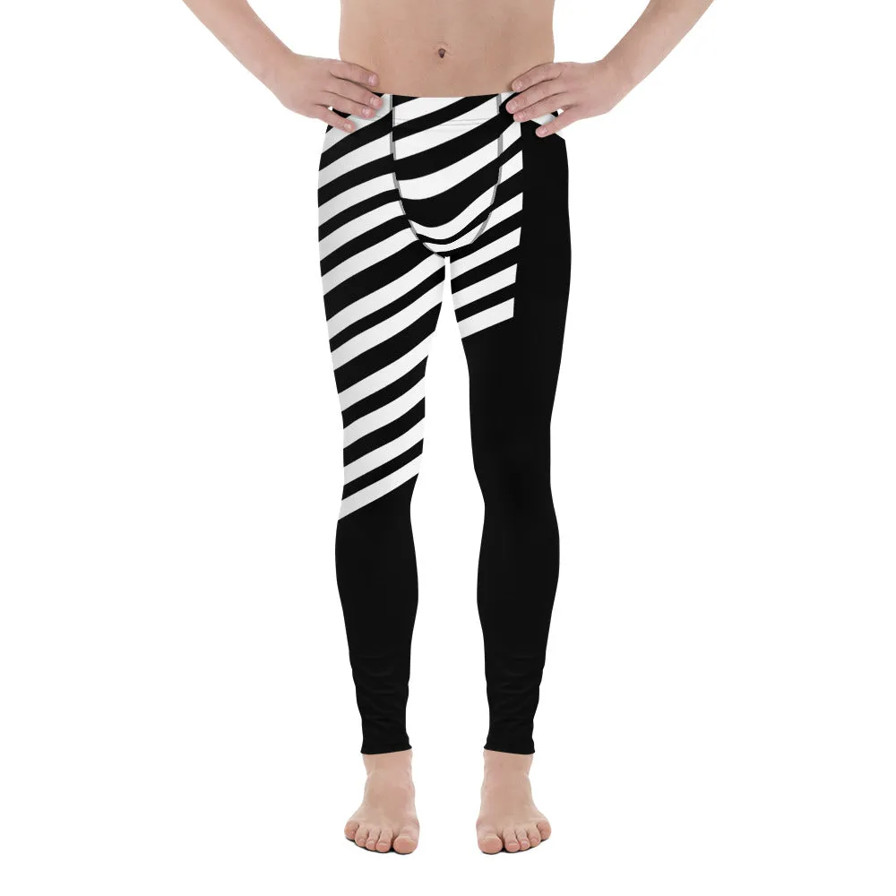 Black Striped Meggings, Designer Best Men's Leggings, Designer Minimalist Black White Modern Meggings-Made in USA/EU/MX