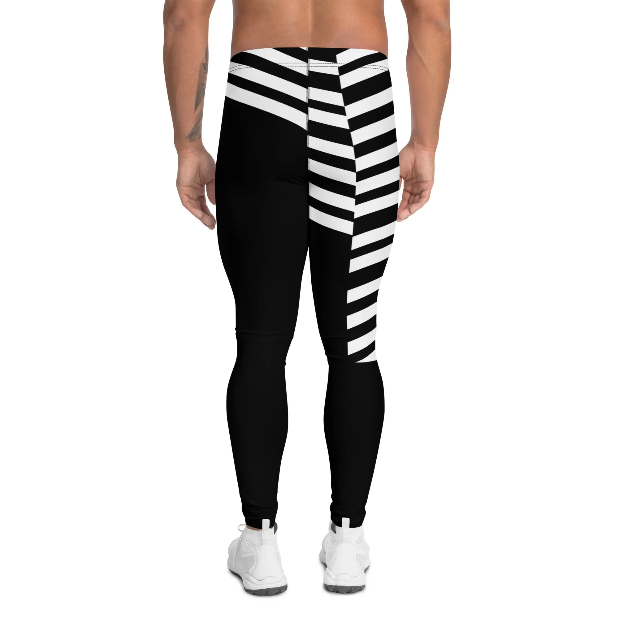 Black Striped Meggings, Designer Best Men's Leggings, Designer Minimalist Black White Modern Meggings-Made in USA/EU/MX