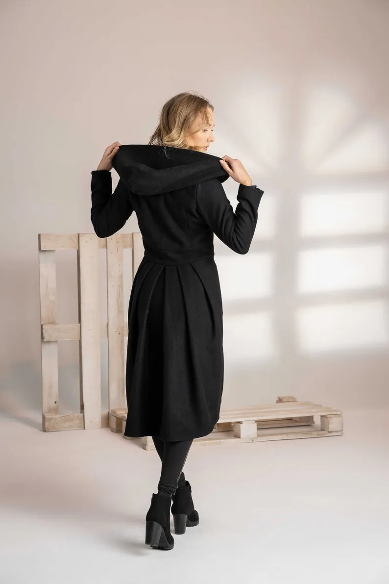 Black Wool Hooded Coat