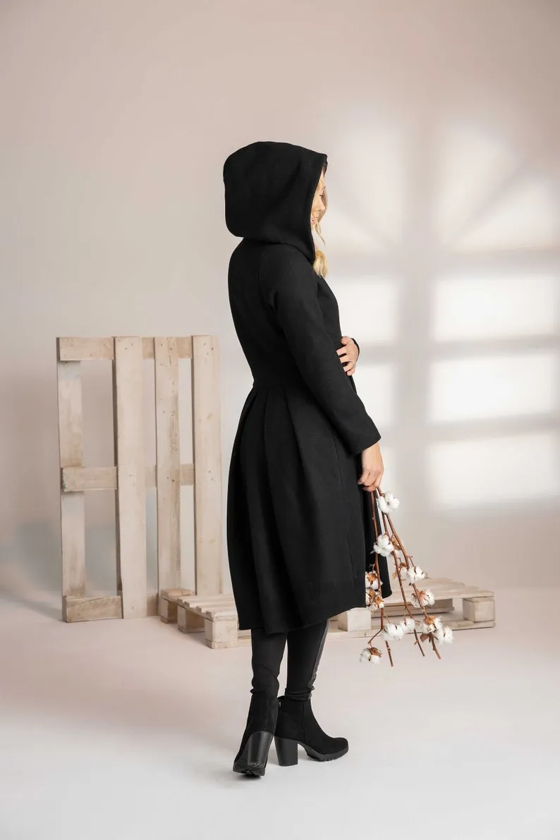 Black Wool Hooded Coat