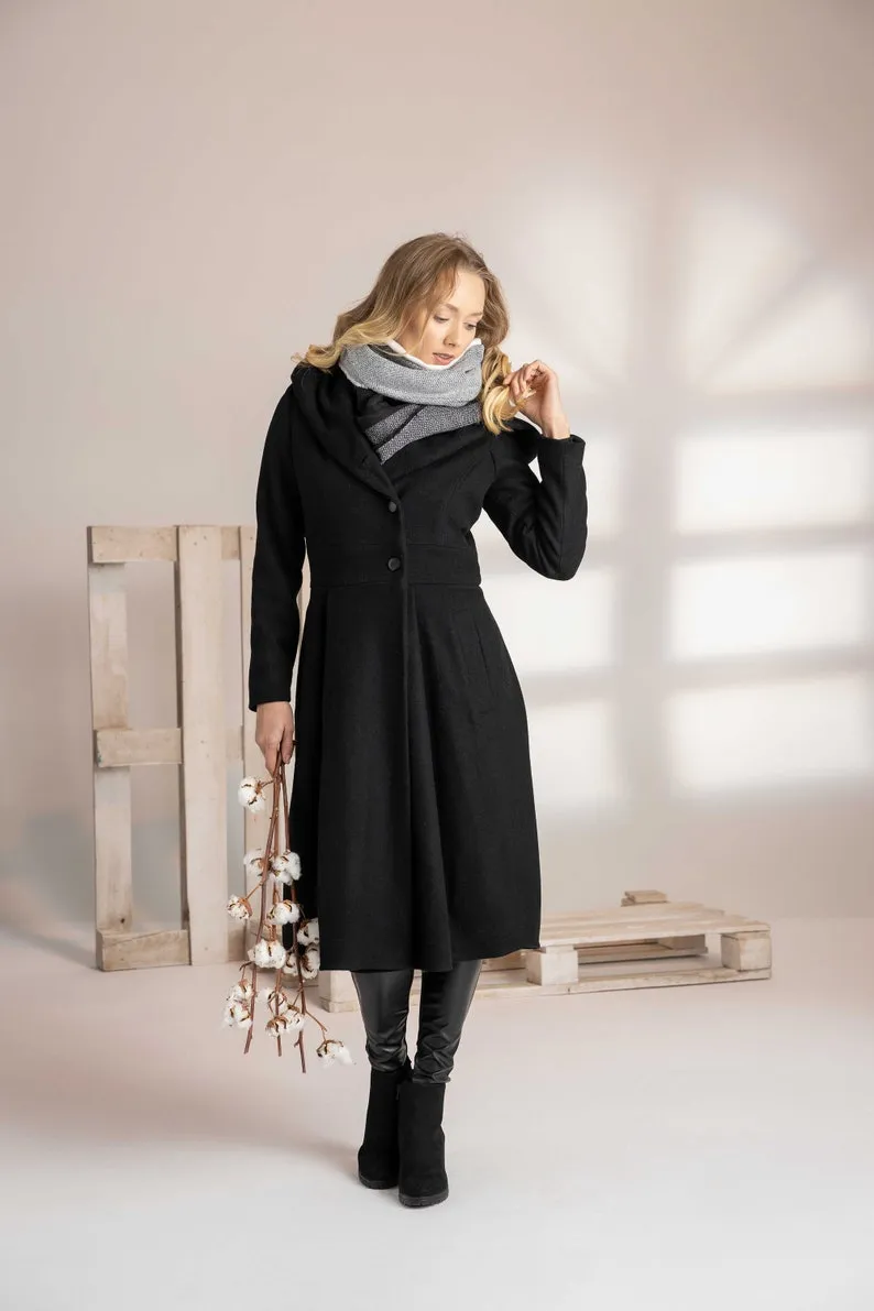 Black Wool Hooded Coat