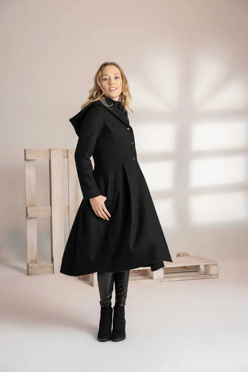 Black Wool Hooded Coat