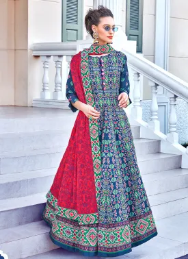 Blue And Red Patola Print Cotton Silk Anarkali Suit