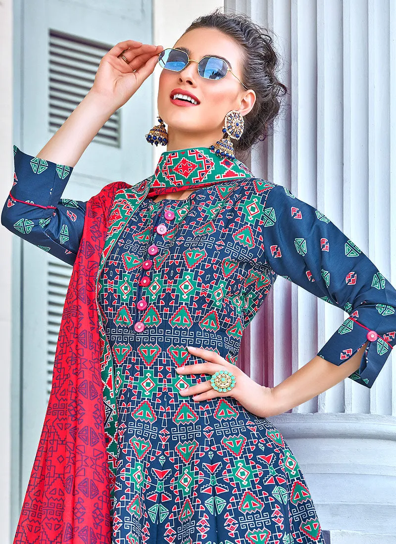 Blue And Red Patola Print Cotton Silk Anarkali Suit