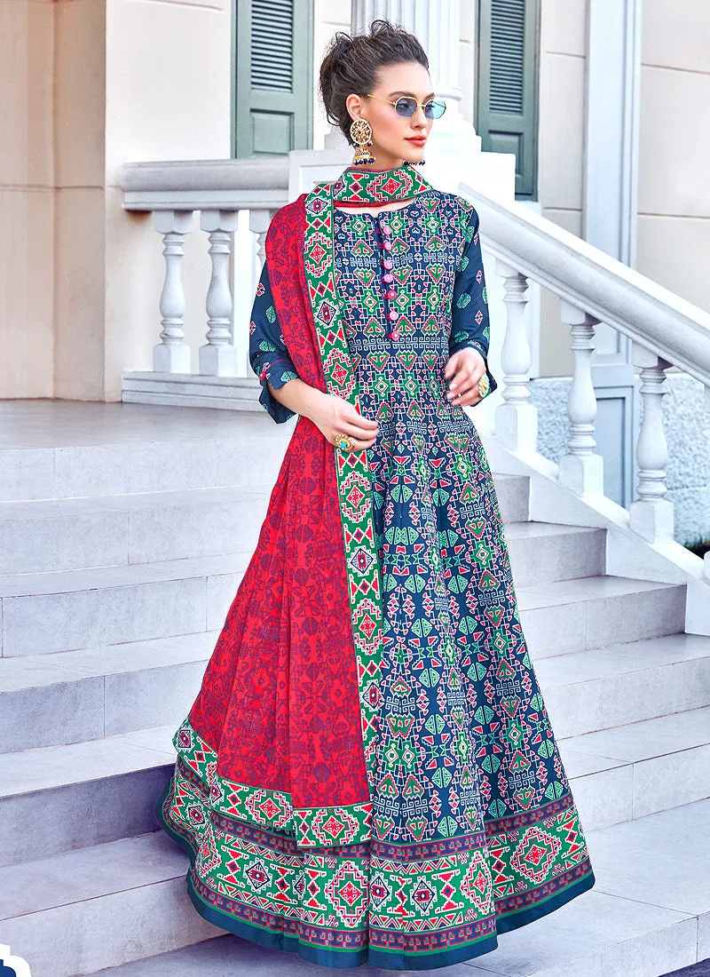 Blue And Red Patola Print Cotton Silk Anarkali Suit