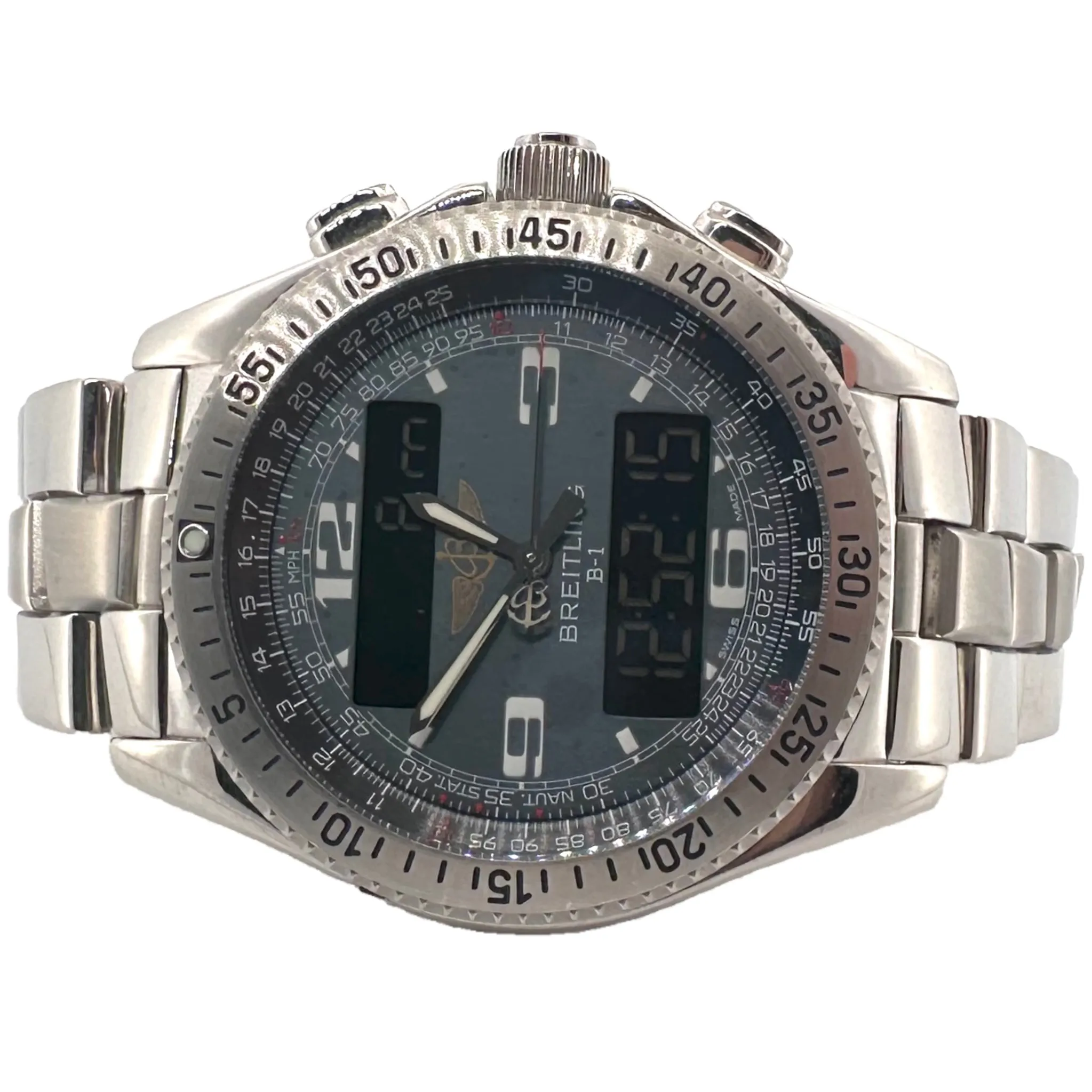 Breitling B-1 Men's Stainless Steel Digital & Analog Quartz Watch with Box & Papers