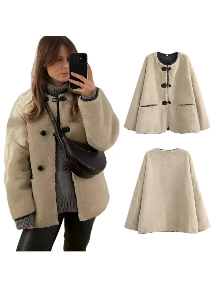 Chic Women’s Patchwork Lamb Wool Coat – O-Neck, Long Sleeve, Loose Fit with Bull Horn Buckle, Autumn 2024 Outerwear