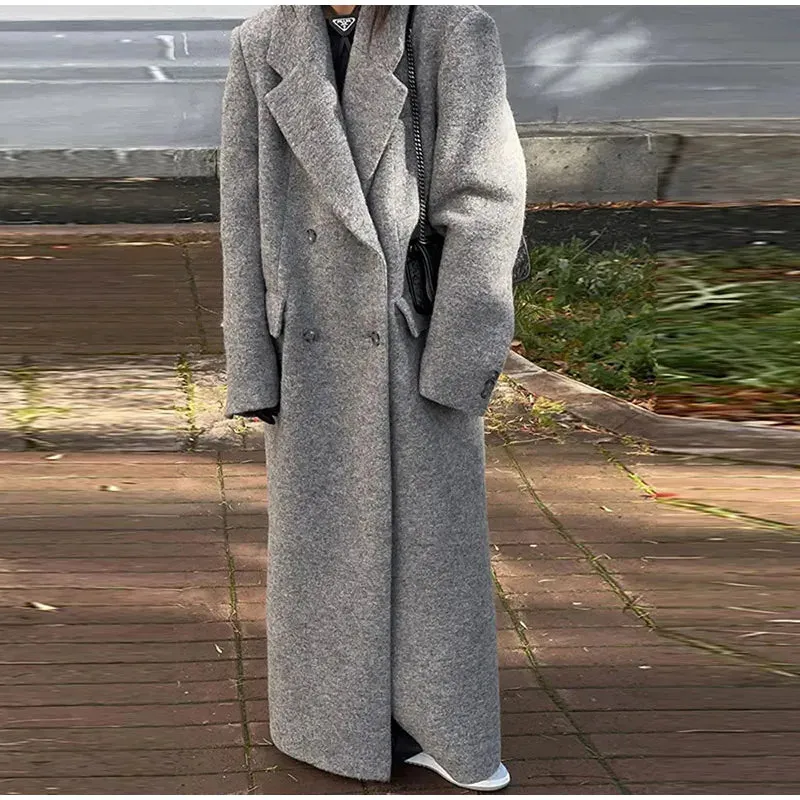 Classic Double-Breasted Long Faux Wool Coat for Women – Elegant Winter Overcoat