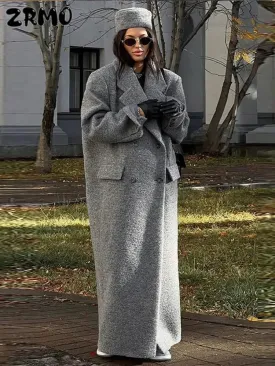 Classic Double-Breasted Long Faux Wool Coat for Women – Elegant Winter Overcoat