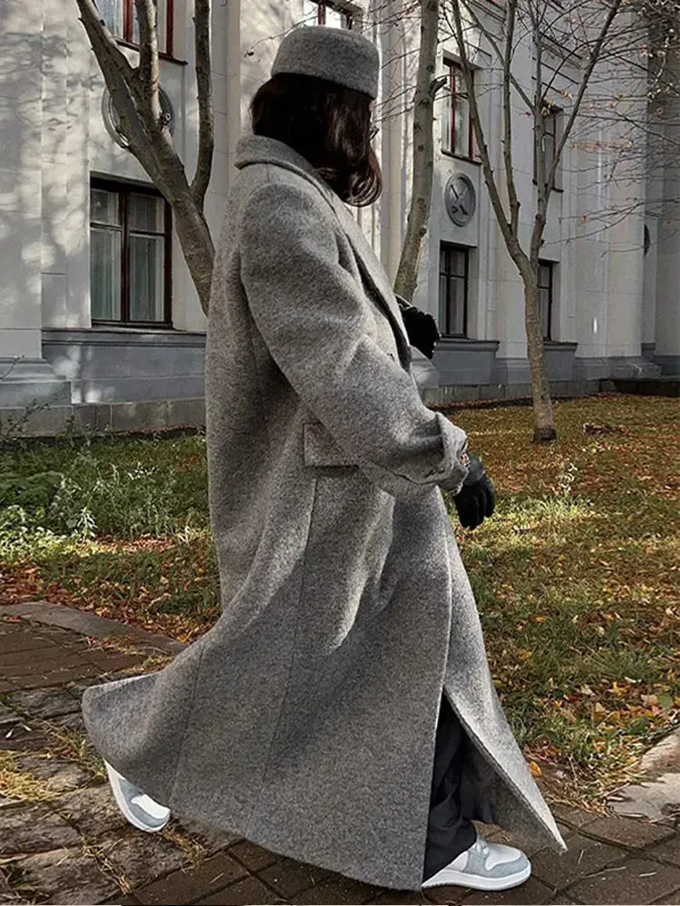 Classic Double-Breasted Long Faux Wool Coat for Women – Elegant Winter Overcoat