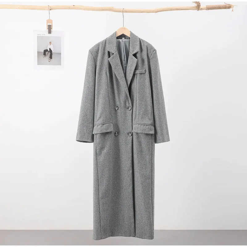 Classic Double-Breasted Long Faux Wool Coat for Women – Elegant Winter Overcoat