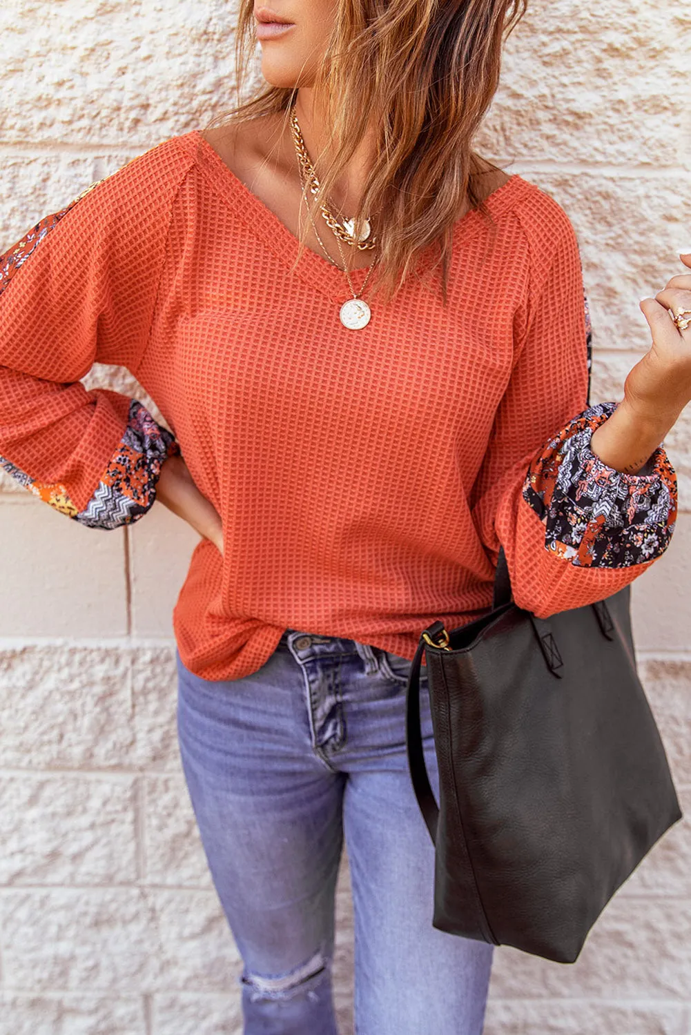 Contrast Sleeve Thermal Top - Orange