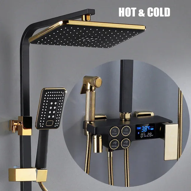 Digital Bathroom Shower System with LED and Smart Thermostat Temperature Display Solid Brass Wall Mount Rainfall Head Faucet