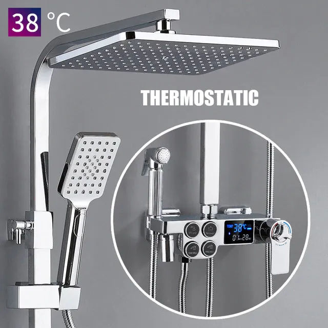 Digital Bathroom Shower System with LED and Smart Thermostat Temperature Display Solid Brass Wall Mount Rainfall Head Faucet