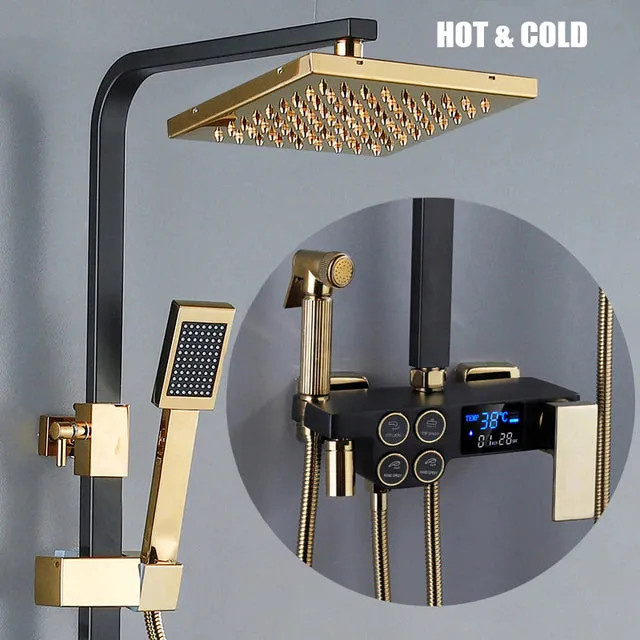 Digital Bathroom Shower System with LED and Smart Thermostat Temperature Display Solid Brass Wall Mount Rainfall Head Faucet