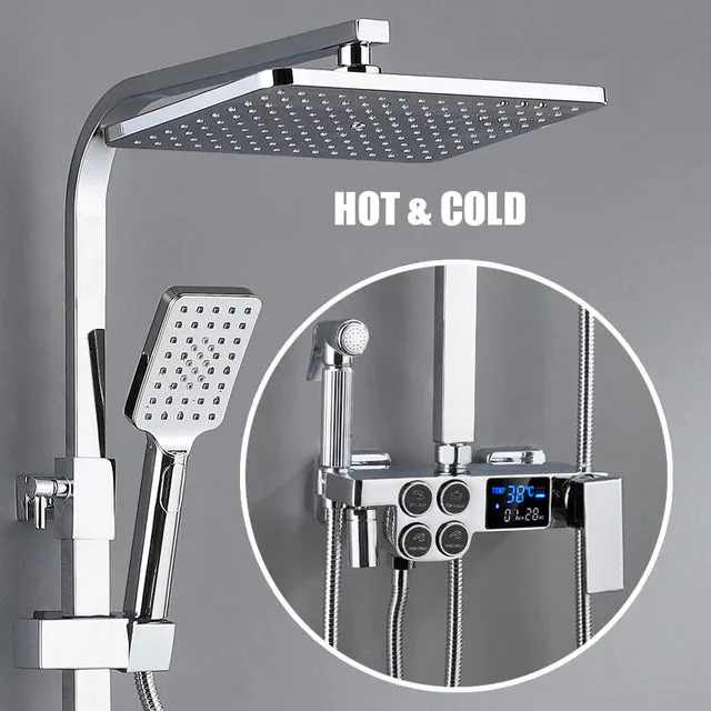 Digital Bathroom Shower System with LED and Smart Thermostat Temperature Display Solid Brass Wall Mount Rainfall Head Faucet