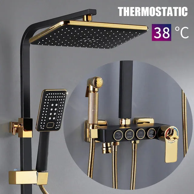 Digital Bathroom Shower System with LED and Smart Thermostat Temperature Display Solid Brass Wall Mount Rainfall Head Faucet