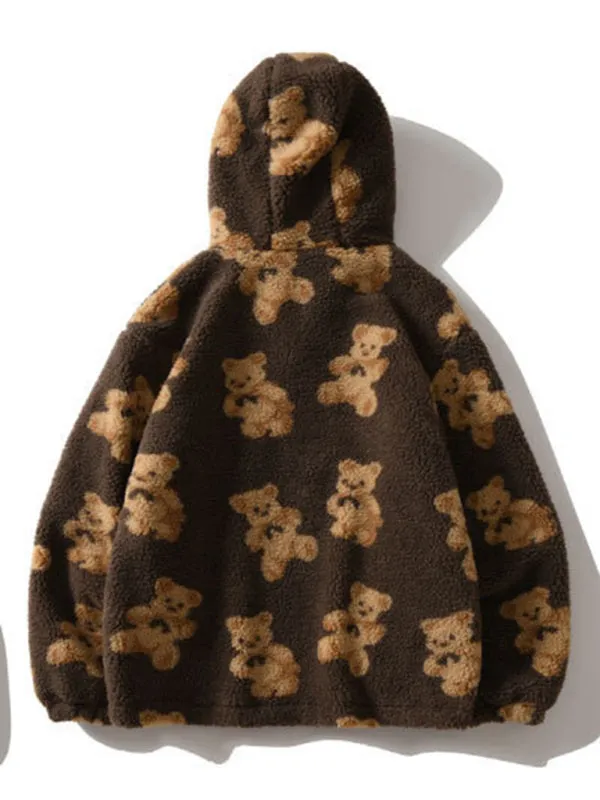 Dina Teddy Pattern Loose Teddy Fur Hooded Sweatshirt