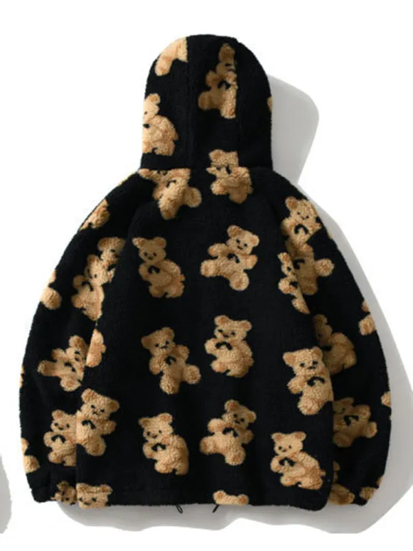 Dina Teddy Pattern Loose Teddy Fur Hooded Sweatshirt