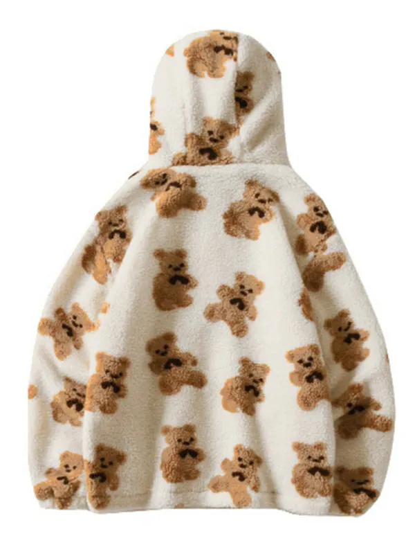 Dina Teddy Pattern Loose Teddy Fur Hooded Sweatshirt