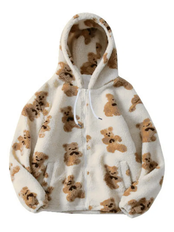 Dina Teddy Pattern Loose Teddy Fur Hooded Sweatshirt