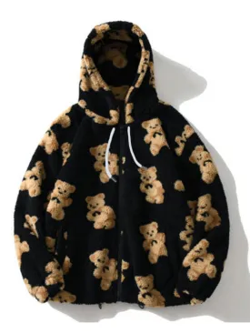 Dina Teddy Pattern Loose Teddy Fur Hooded Sweatshirt