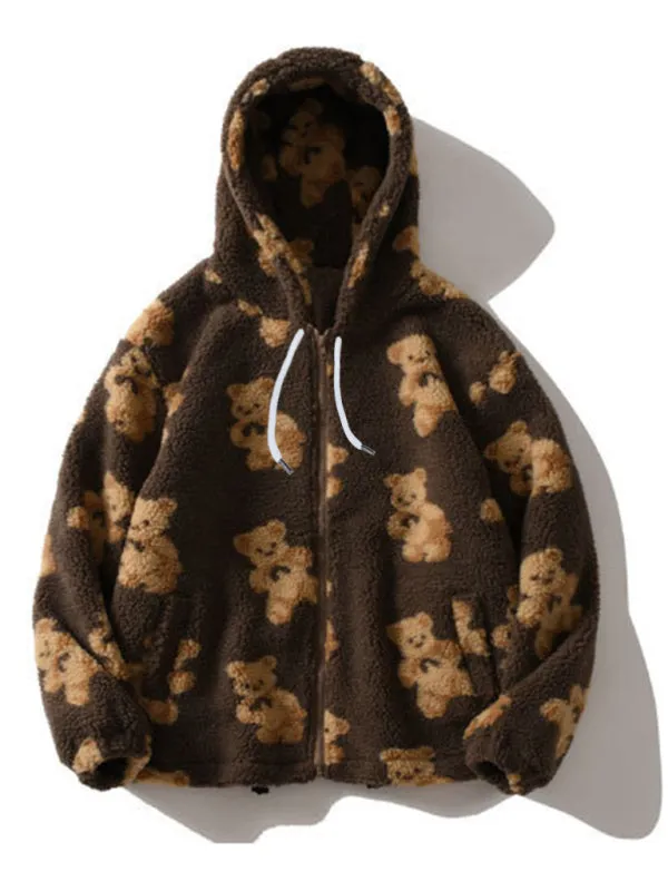 Dina Teddy Pattern Loose Teddy Fur Hooded Sweatshirt