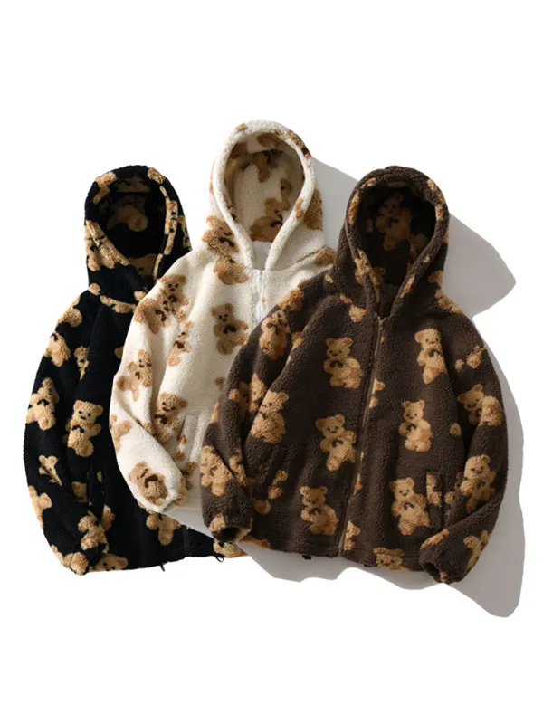 Dina Teddy Pattern Loose Teddy Fur Hooded Sweatshirt