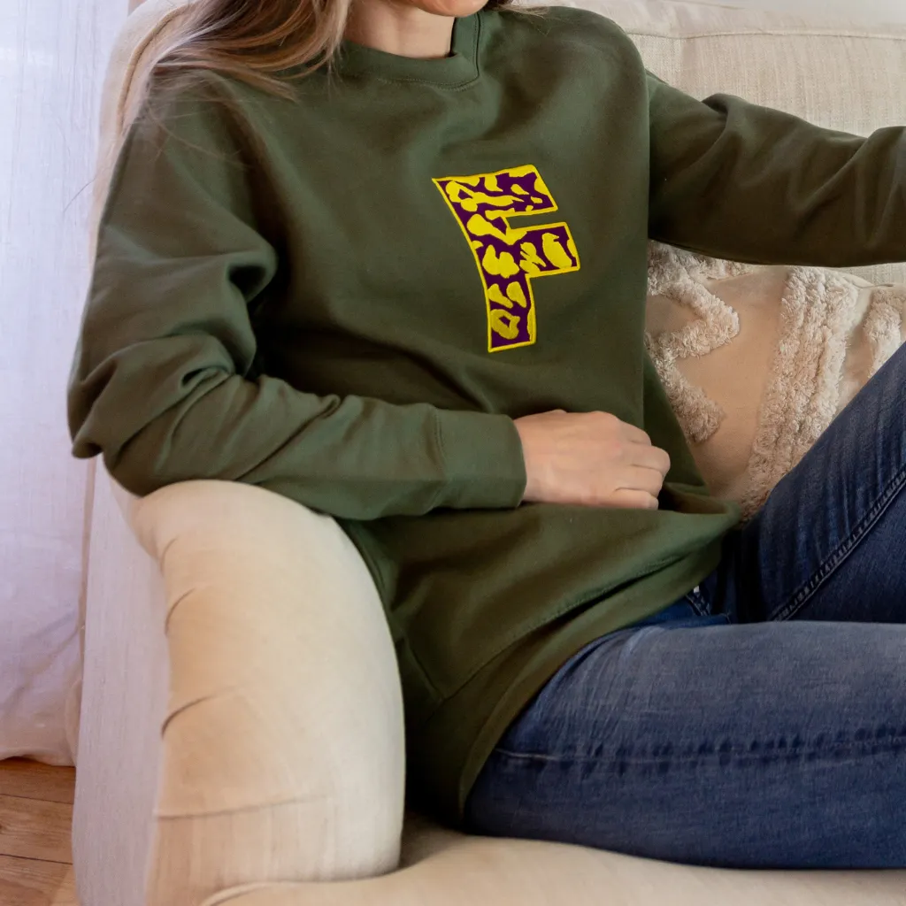 Embroidered Animal Print Initial Khaki Sweatshirt