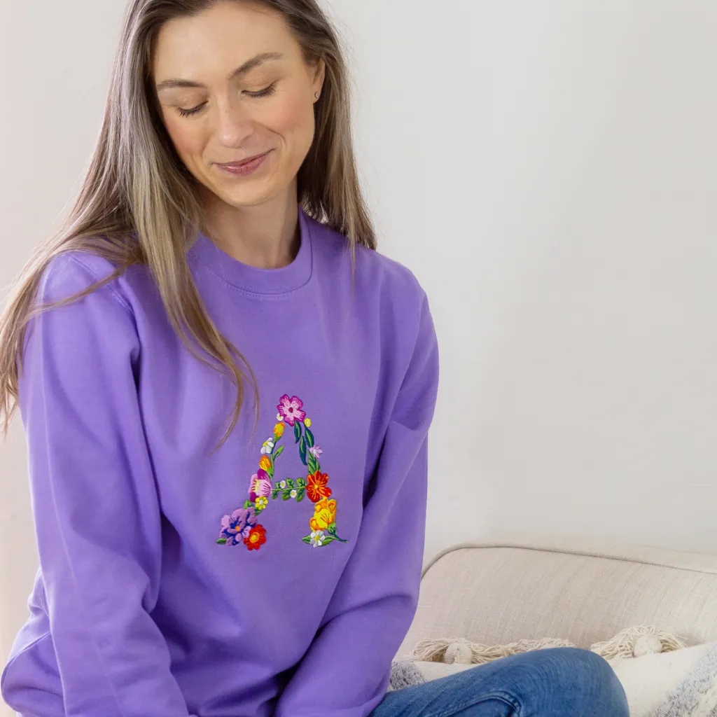 Embroidered Floral Initial Lavender Sweatshirt