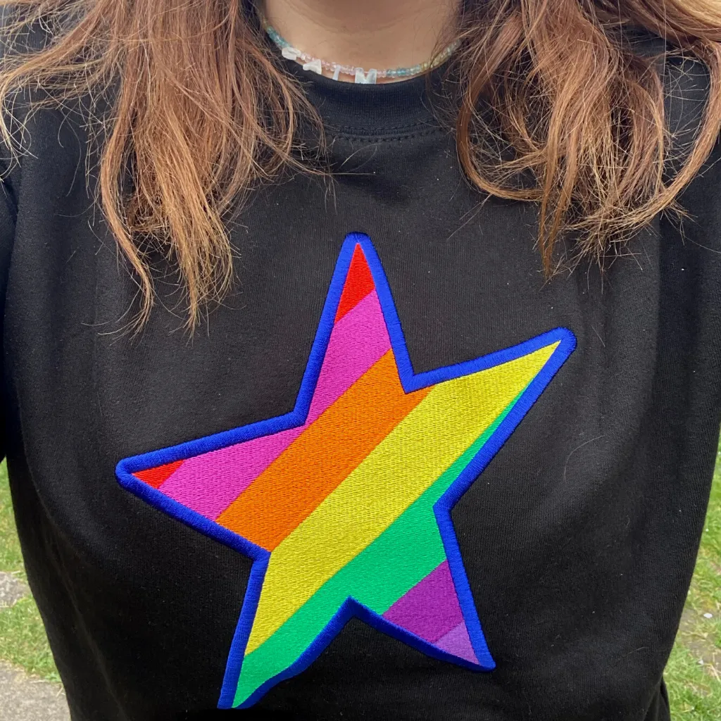 Embroidered Rainbow STAR Sweatshirt in Black