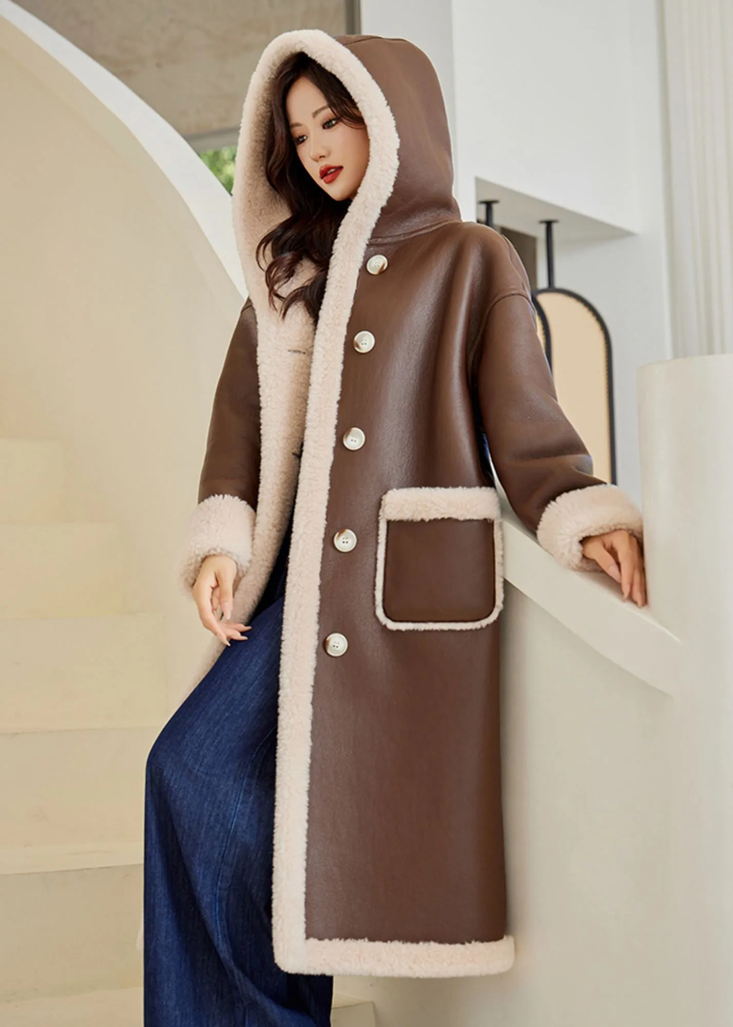 Faux Leather Wool Fur Lined Hooded Long Coat