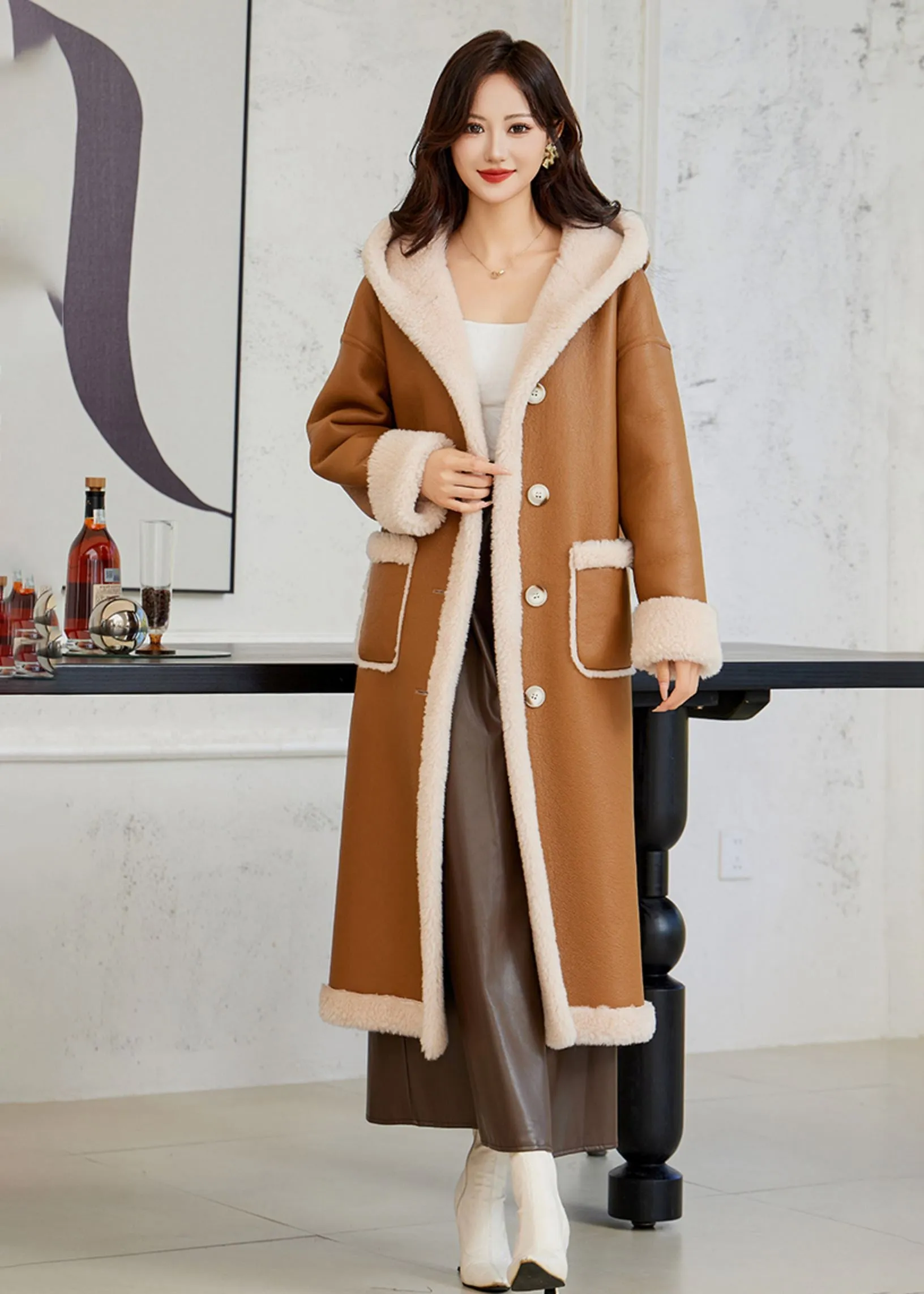 Faux Leather Wool Fur Lined Hooded Long Coat