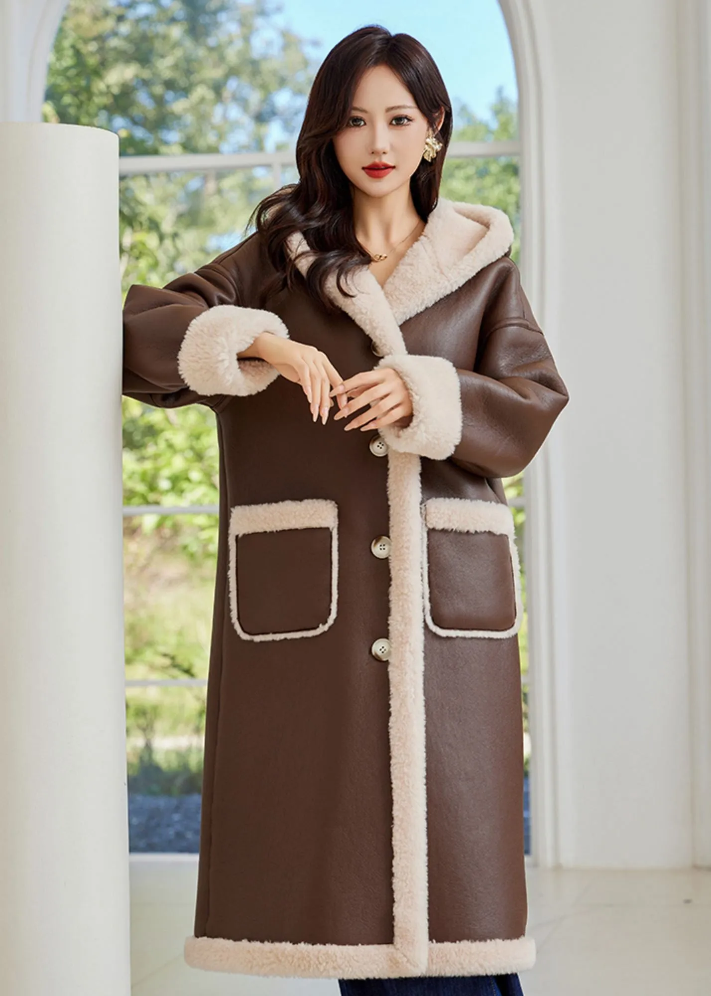 Faux Leather Wool Fur Lined Hooded Long Coat