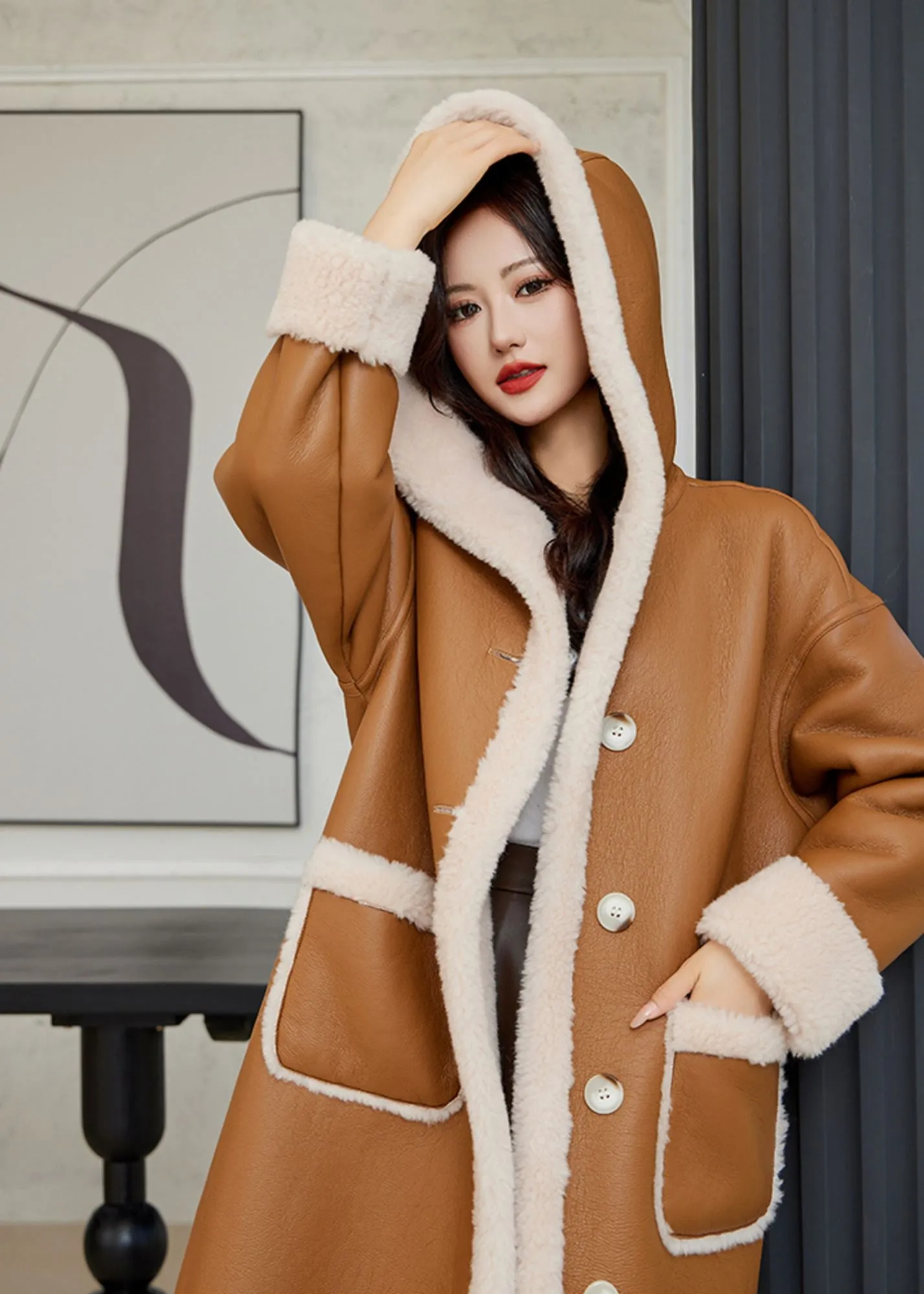 Faux Leather Wool Fur Lined Hooded Long Coat