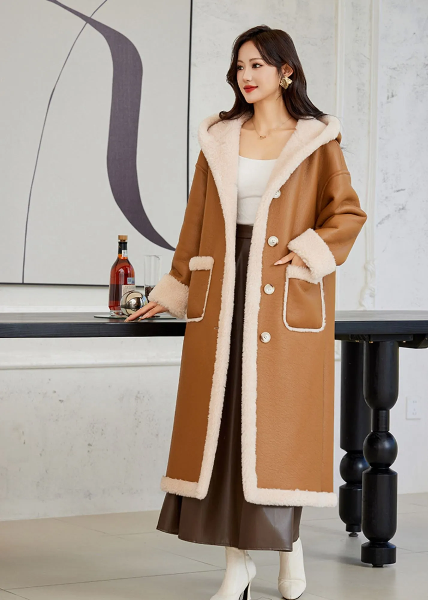 Faux Leather Wool Fur Lined Hooded Long Coat