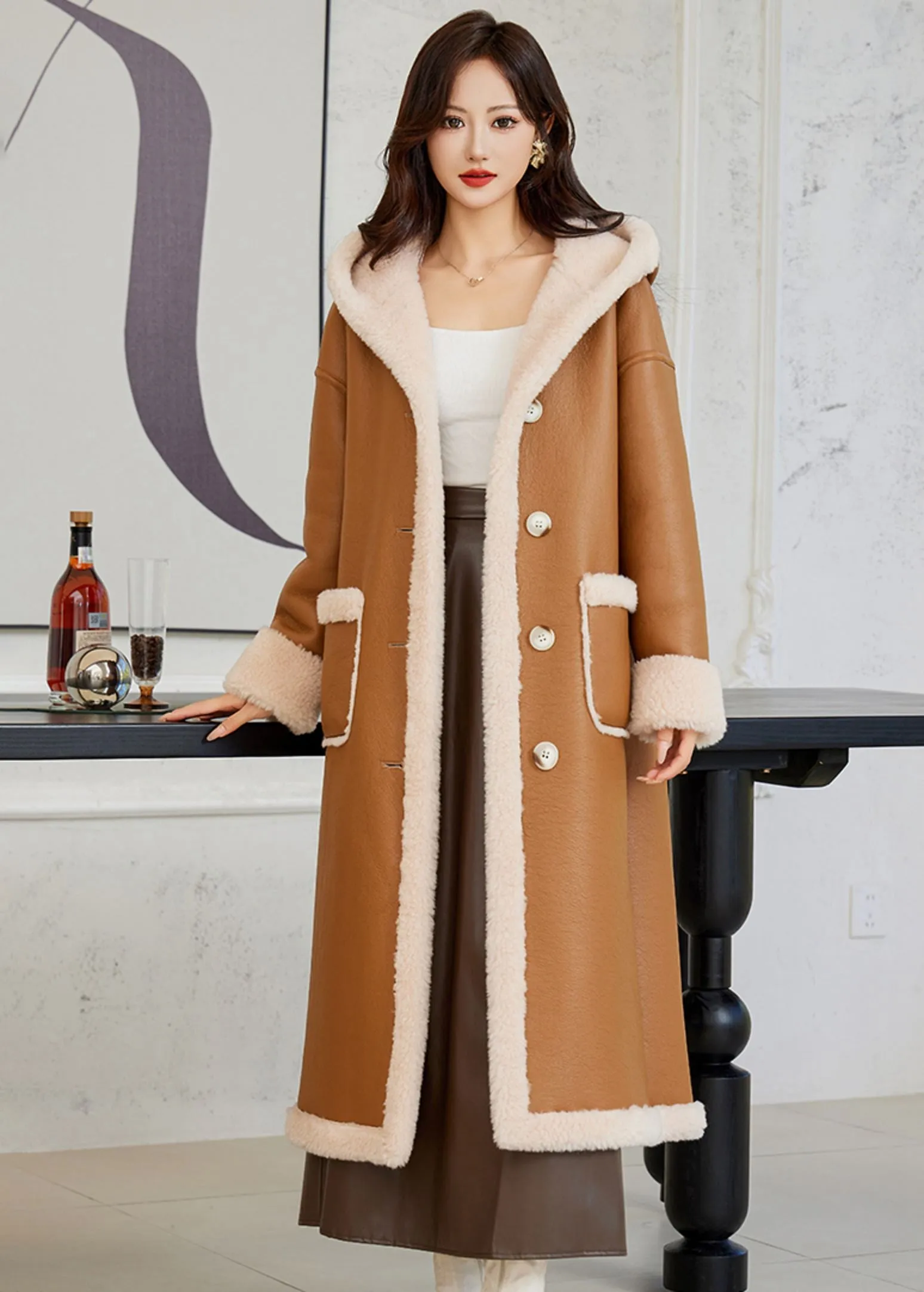 Faux Leather Wool Fur Lined Hooded Long Coat