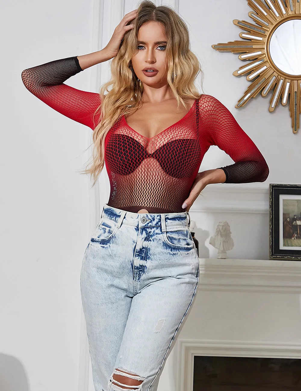 Fishnet Bodysuit Black And Red Two-Colour Gradient